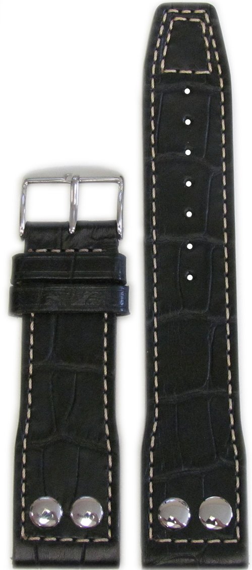 Panatime 22mm Black IWC Style Genuine Leather Pilots Style Watch Band with Gator Print and White Stitching 22/20 125/75