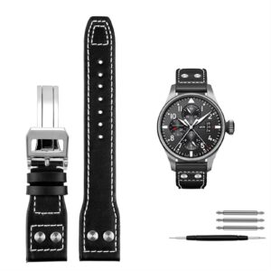 SKM Genuine Leather Rivets Watchband for IWC Big Pilot Spitfire Cowhide Folding Buckle Watch Men Strap 21mm 22mm (Color : Black Silver Clasp, Size : 22mm)