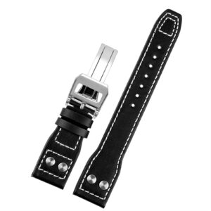 SKM Genuine Leather Rivets Watchband for IWC Big Pilot Spitfire Cowhide Folding Buckle Watch Men Strap 21mm 22mm (Color : Black Silver Clasp, Size : 22mm)