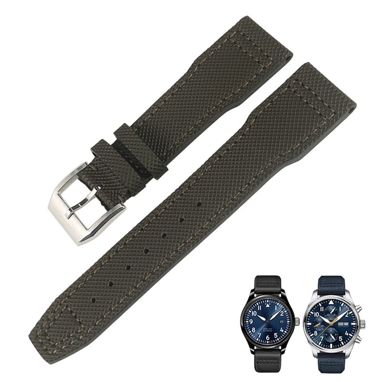 AEMALL 21mm 20mm Nylon Calfskin Black Blue Green Watch strap Fit for IWC IW377714 MARK18 PILOT STOP GUN Leather Watchbands (Color : Green pin, Size : 21mm silver clasp)