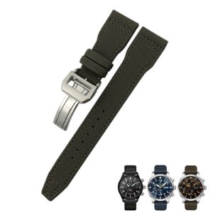 SKM 20mm 21mm 22mm Nylon Calfskin Watchband Fit for IWC Big Pilot IW377714 Mark18 Spitfire Nylon Real Leather Strap (Color : Green line 1, Size : 20mm Silver Clasp)