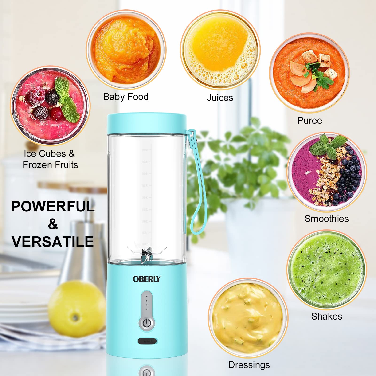 Portable Blender for Shakes and Smoothies, OBERLY Personal Travel Blender for Protein with 4000mAh USB Rechargeable Battery, Crush Ice, Frozen Fruit and Drinks, 18 oz Mini Travel Cup