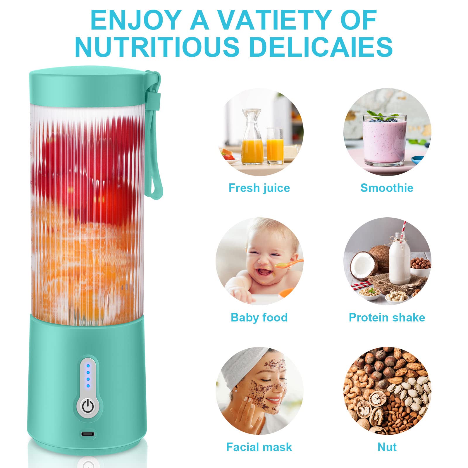 Binineew Portable Blender - 15oz Personal Blender Shakes and Smoothies USB Rechargeable - Multifunction Small Fruit Juicer Cup Kitchen Travel Camping Gym Office Baby Food (Blue)