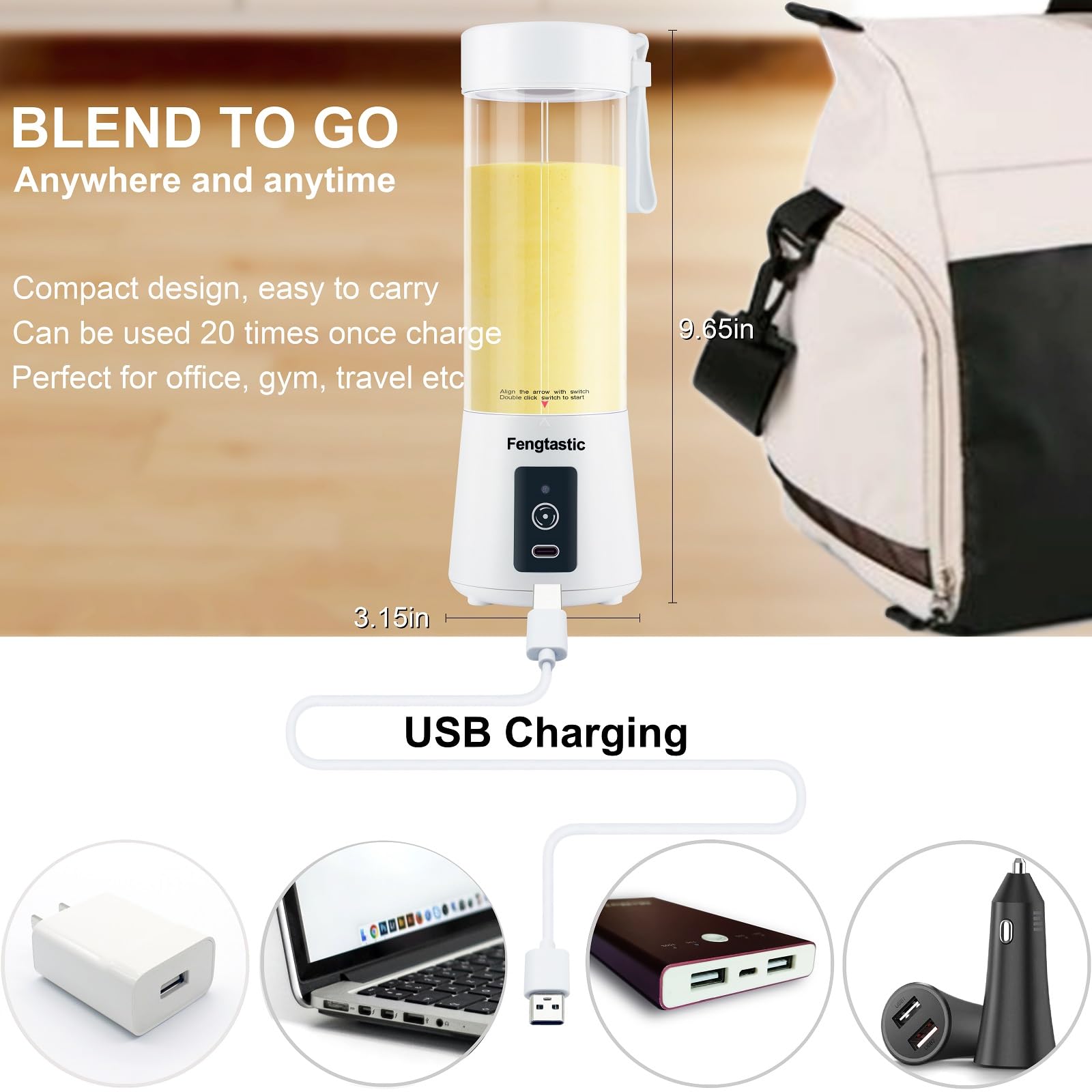 Portable Blender for Shakes and Smoothies, 13.5 Oz Personal Blender USB Rechargeable Small Smoothie Blender (White)