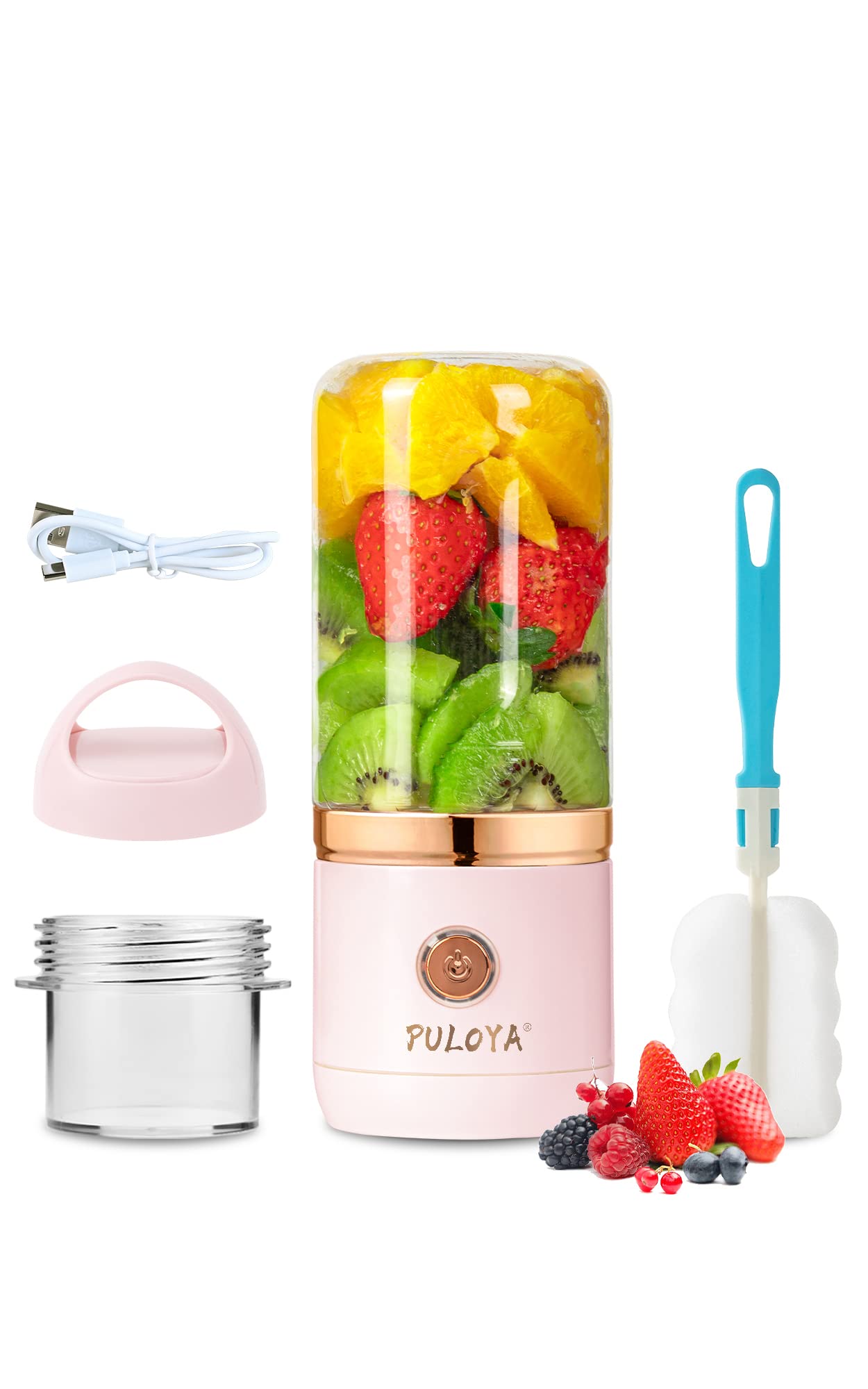 Portable Blender with Travel Cup, USB Rechargeable BPA Free14 Oz PULOYA Personal Juicer for Smoothies and Shakes, Pink