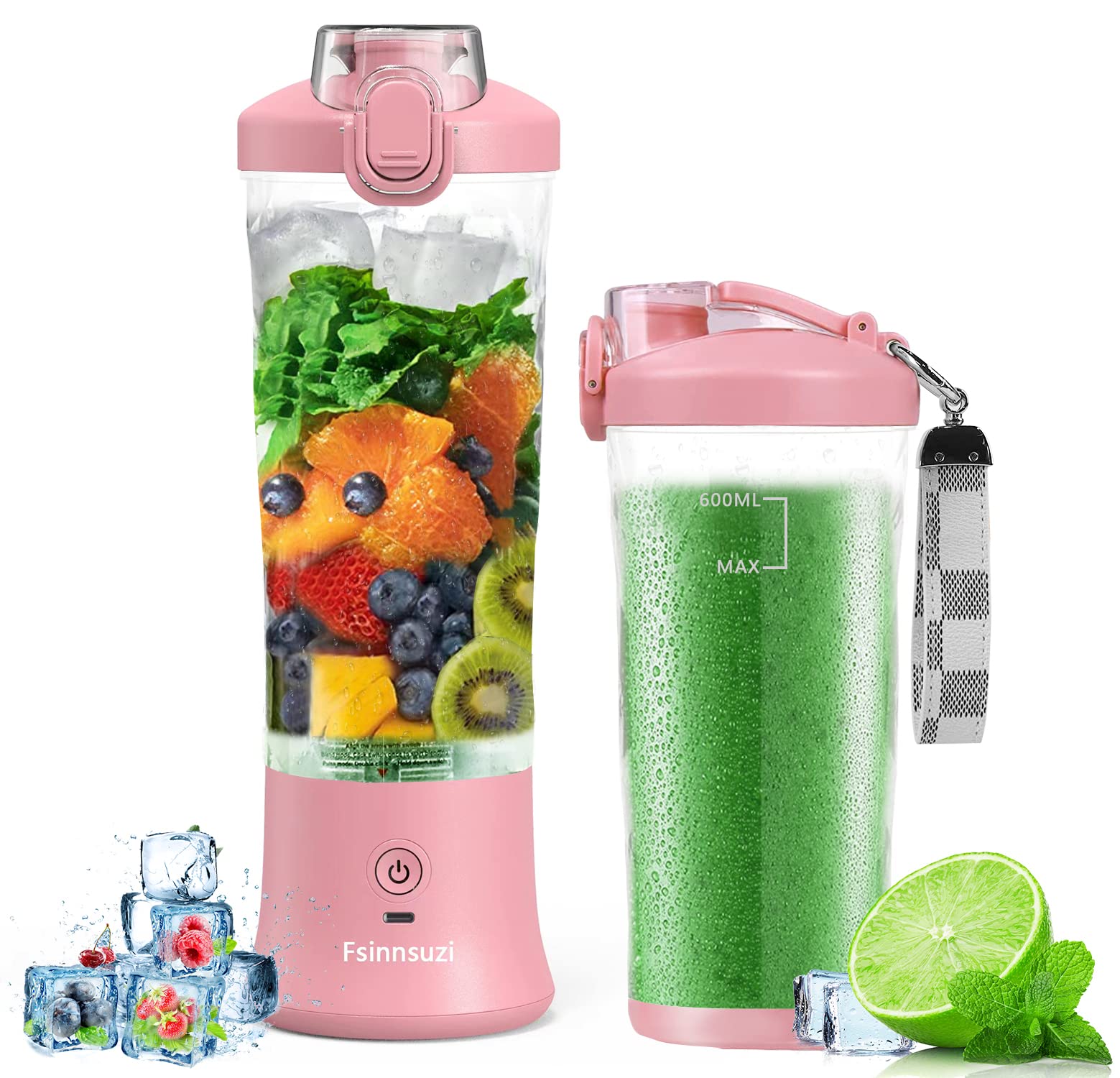 Fsinnsuzi Portable Blender, Personal Size Blender for Shakes and Smoothies with 6 Blades, 20 Oz Mini Blender Cup with Travel Lid and USB Rechargeable for Office, Gym, Kitchen (Pink)