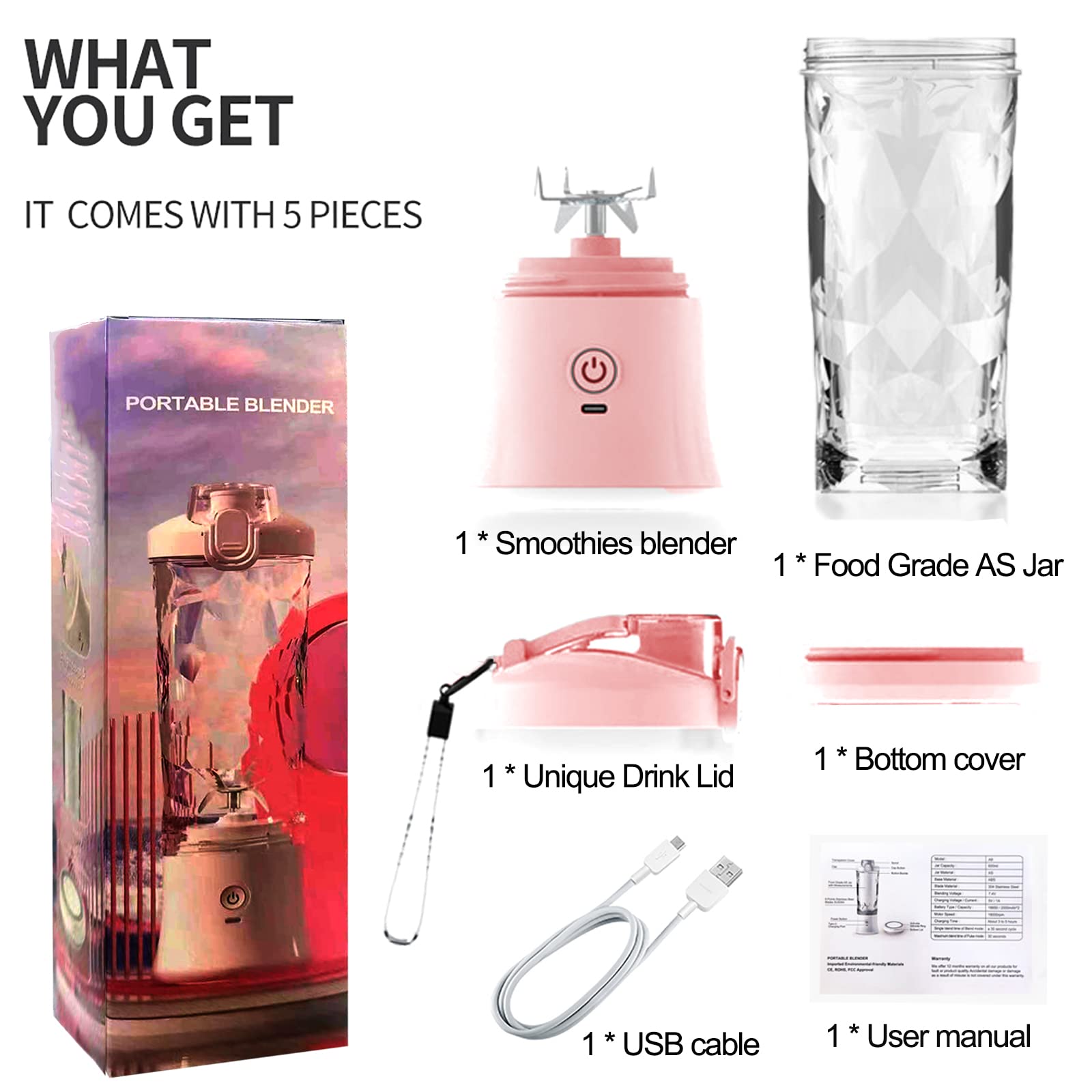 Portable Smoothies Blender, USB Travel Juice Cup, Juice and Shakes Blender, Baby Food Mixing Machince with 6 Blades 4000mAh Rechargeable Battery,for Home, Travel, Office 16.9 Oz (Light Pink)