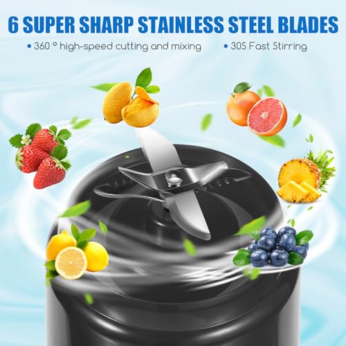 Kqiang Portable Blender, USB Rechargeable, 400ml Capacity, 360 High-Speed Cutting and Mixing, Six Blade Design, Black