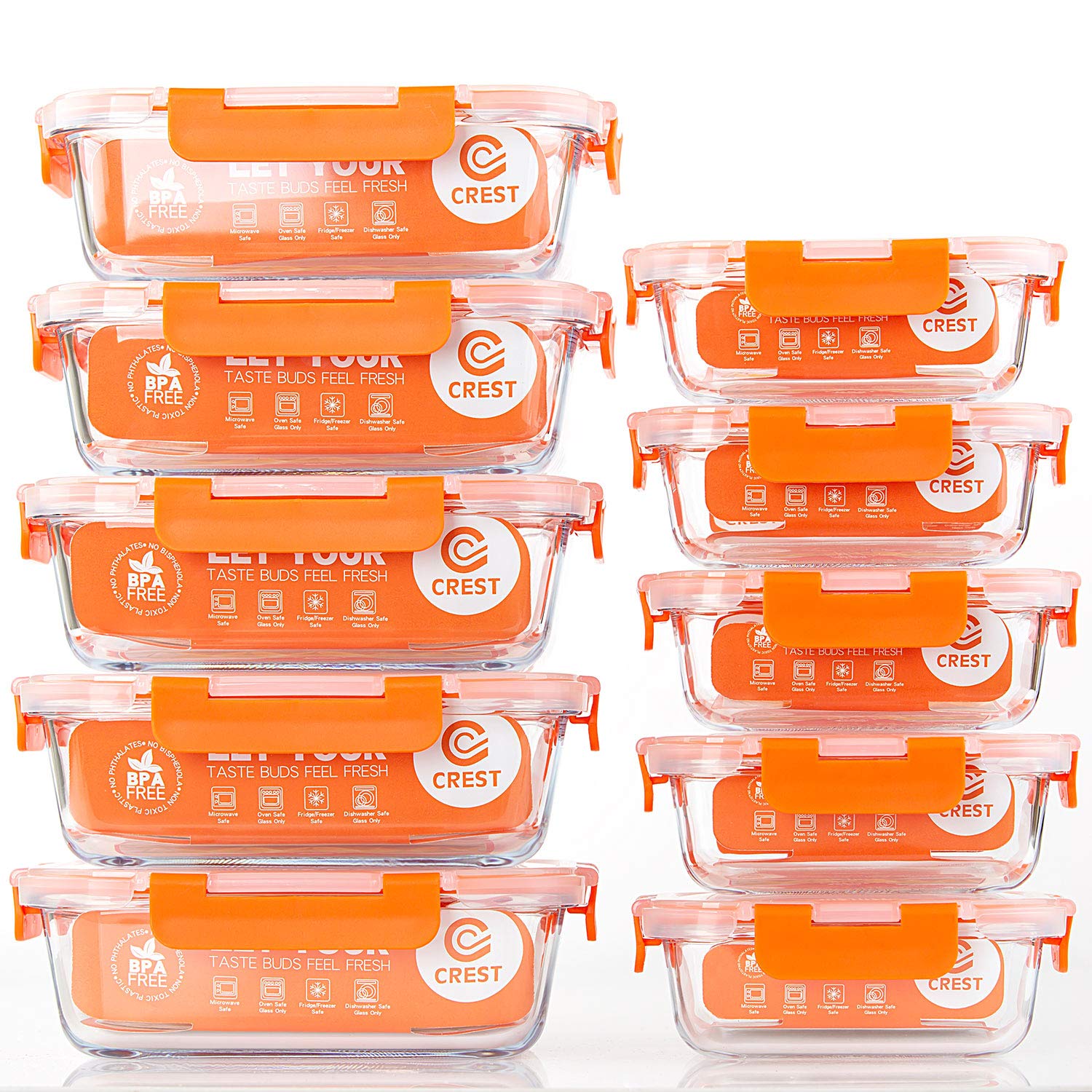 C CREST [10-Pack] Glass Food Storage Containers - Food Prep Containers with Lids - Microwave, Oven, Freezer and Dishwasher Safe