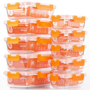 C CREST [10-Pack] Glass Food Storage Containers - Food Prep Containers with Lids - Microwave, Oven, Freezer and Dishwasher Safe