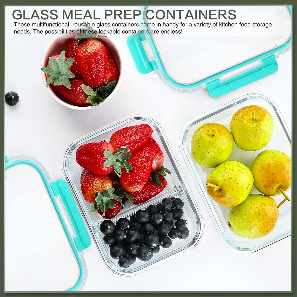 KOMUEE 10 Packs 30 oz Glass Meal Prep Containers,Glass Food Storage Containers with Lids,Airtight Glass Lunch Bento Boxes, Microwave, Oven, Freezer and Dishwasher,Green