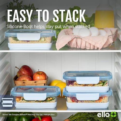 Ello Duraglass 10Pc Glass Meal Prep Container Set with Silicone Boot, Airtight Lids - BPA-Free, Dishwasher Safe