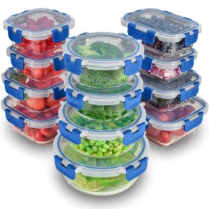 finedine 24 piece glass storage containers with lids - leak proof, dishwasher safe glass food storage containers for meal prep or leftovers, blue