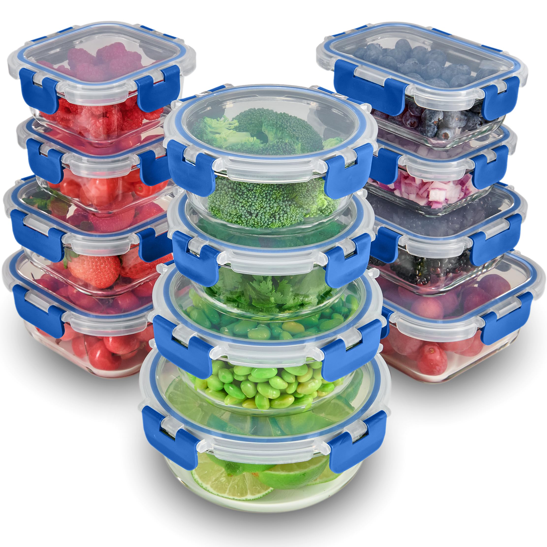 FineDine 24 Piece Glass Storage Containers with Lids - Leak Proof, Dishwasher Safe Glass Food Storage Containers for Meal Prep or Leftovers, Blue