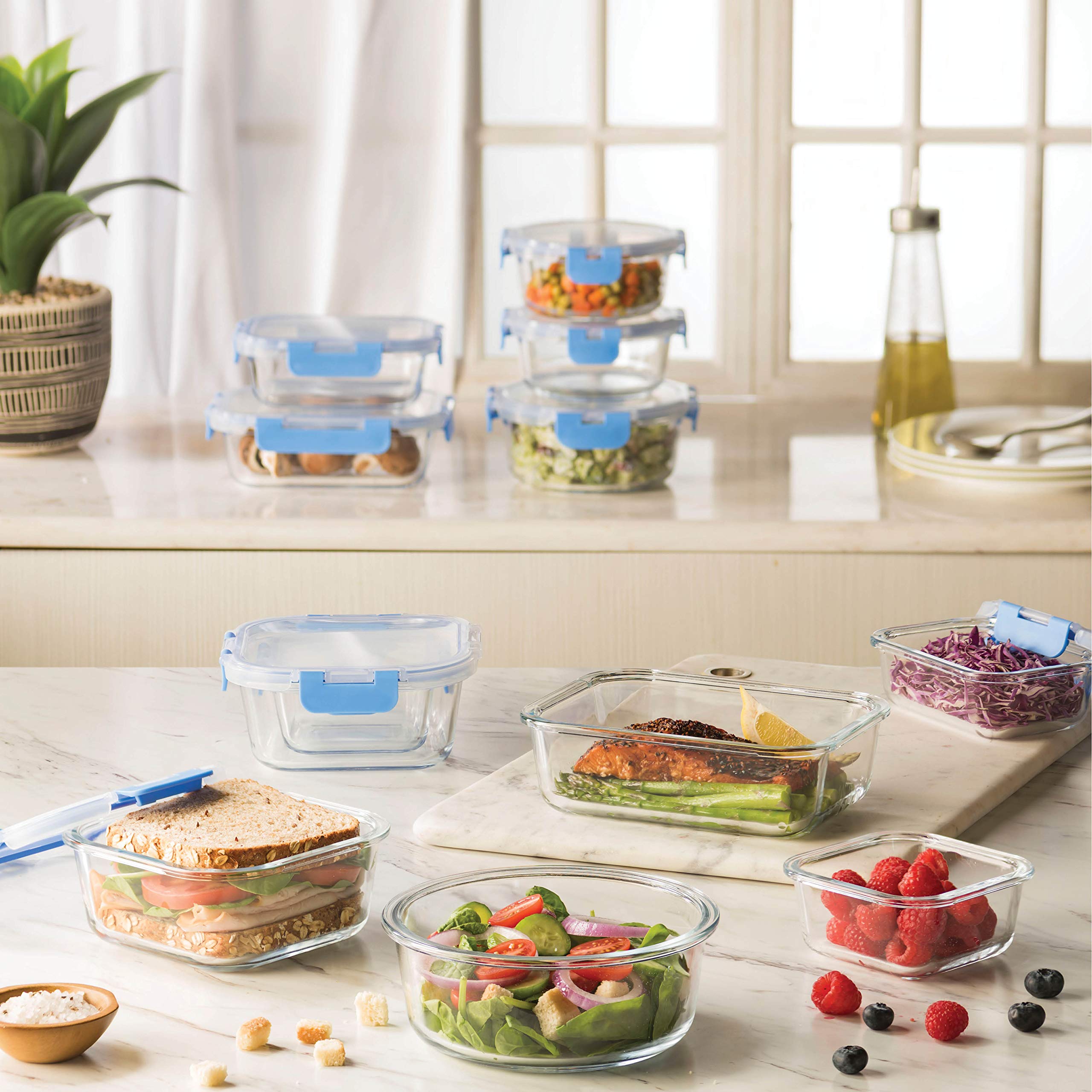 FineDine 24 Piece Glass Storage Containers with Lids - Leak Proof, Dishwasher Safe Glass Food Storage Containers for Meal Prep or Leftovers, Blue