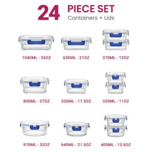 FineDine 24 Piece Glass Storage Containers with Lids - Leak Proof, Dishwasher Safe Glass Food Storage Containers for Meal Prep or Leftovers, Blue