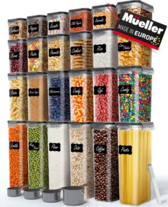 mueller airtight food storage container set with lids – 24-piece, kitchen & pantry organization and storage, dishwasher, freezer and microwave safe – 24 labels, 4 measuring cups and marker, dark grey