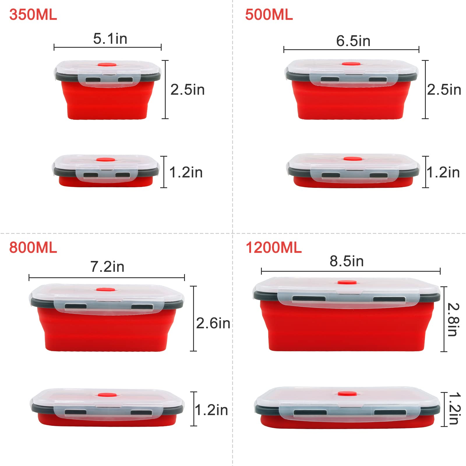 Guyuyii Collapsible Food Storage Containers - 4PC Collapsible Bowls With Airtight Lid, Vent - Perfect For RV Organization And Storage, Meal Prep, Lunch And More - Microwave, Dishwasher, Freezer Safe