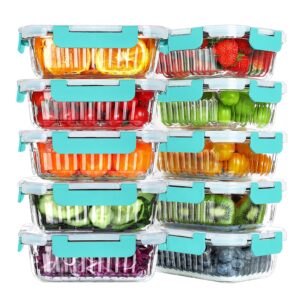 komuee 10 packs 22 oz glass meal prep containers, glass food storage containers with lids, airtight glass lunch containers, microwave, oven, freezer and dishwasher friendly, green