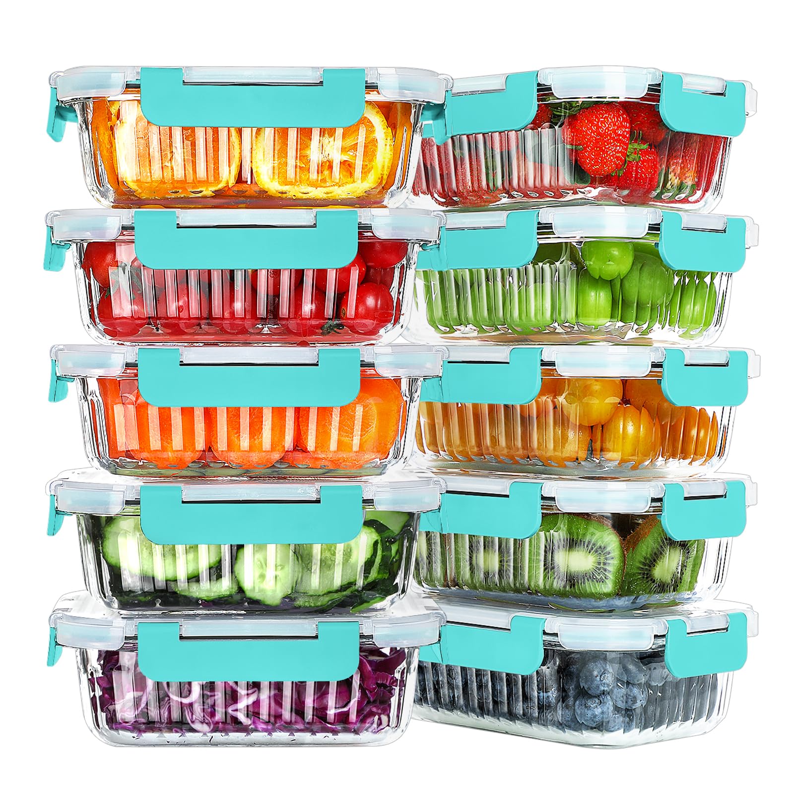 KOMUEE 10 Packs 22 oz Glass Meal Prep Containers, Glass Food Storage Containers with Lids, Airtight Glass Lunch Containers, Microwave, Oven, Freezer and Dishwasher Friendly, Green