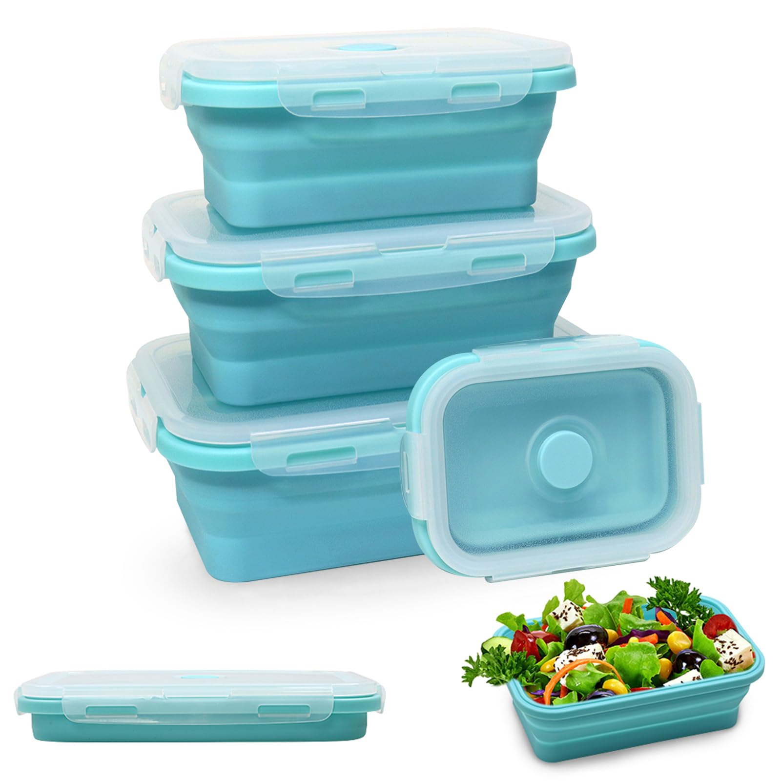 Alimat PluS 4 Assorted Size Set Silicone Food Storage Containers with Lids, 40.5oz, 27oz, 16.9oz and 11.8oz Collapsible Meal Prep Lunch Containers, Microwave, Freezer and Dishwasher Safe