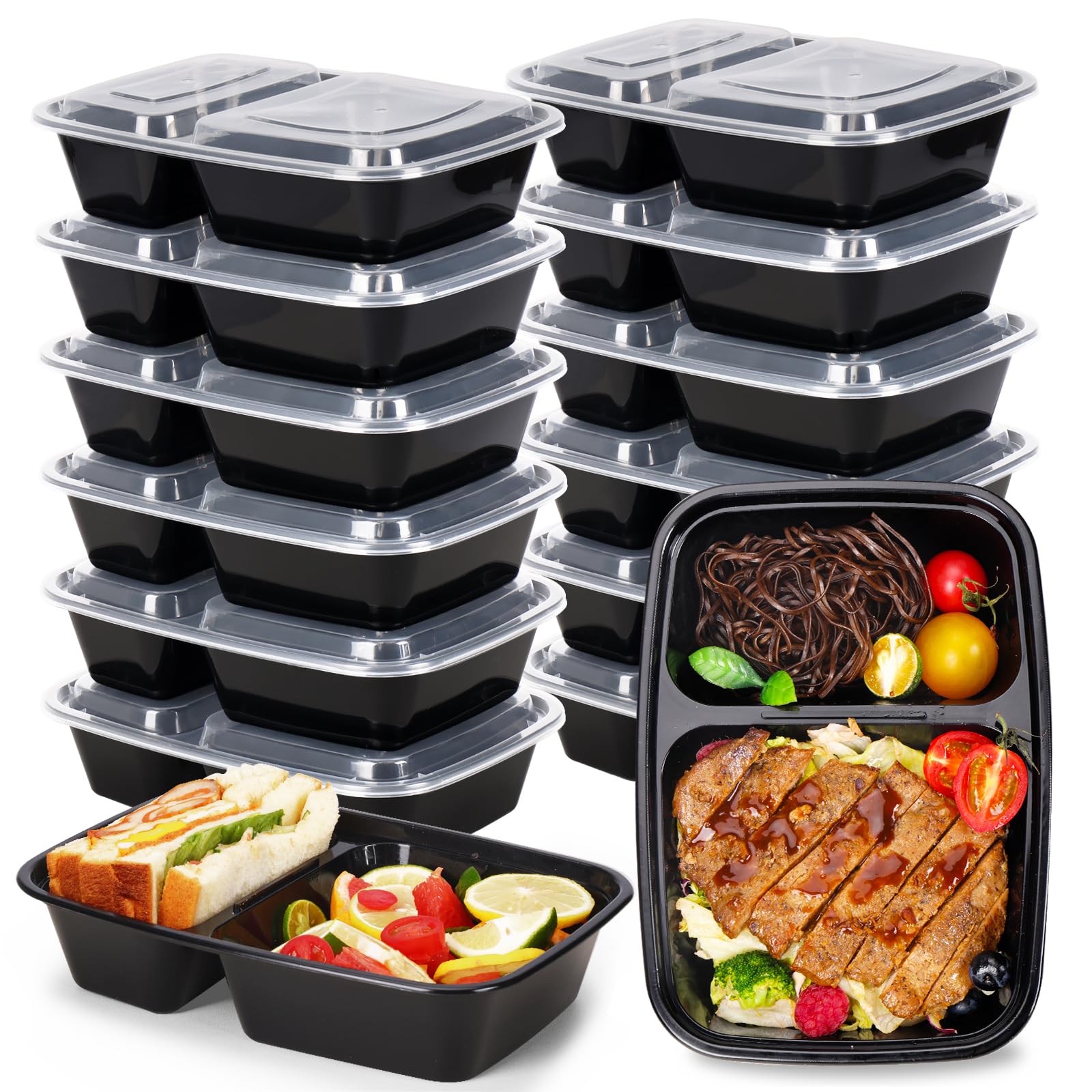 Moretoes 15 Pack 32oz Meal Prep Containers Reusable 2 Compartment Food Storage Containers with Lids Plastic Stackable To Go Boxes Microwave, Freezer, Dishwasher Safe