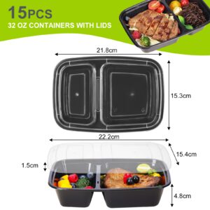 Moretoes 15 Pack 32oz Meal Prep Containers Reusable 2 Compartment Food Storage Containers with Lids Plastic Stackable To Go Boxes Microwave, Freezer, Dishwasher Safe