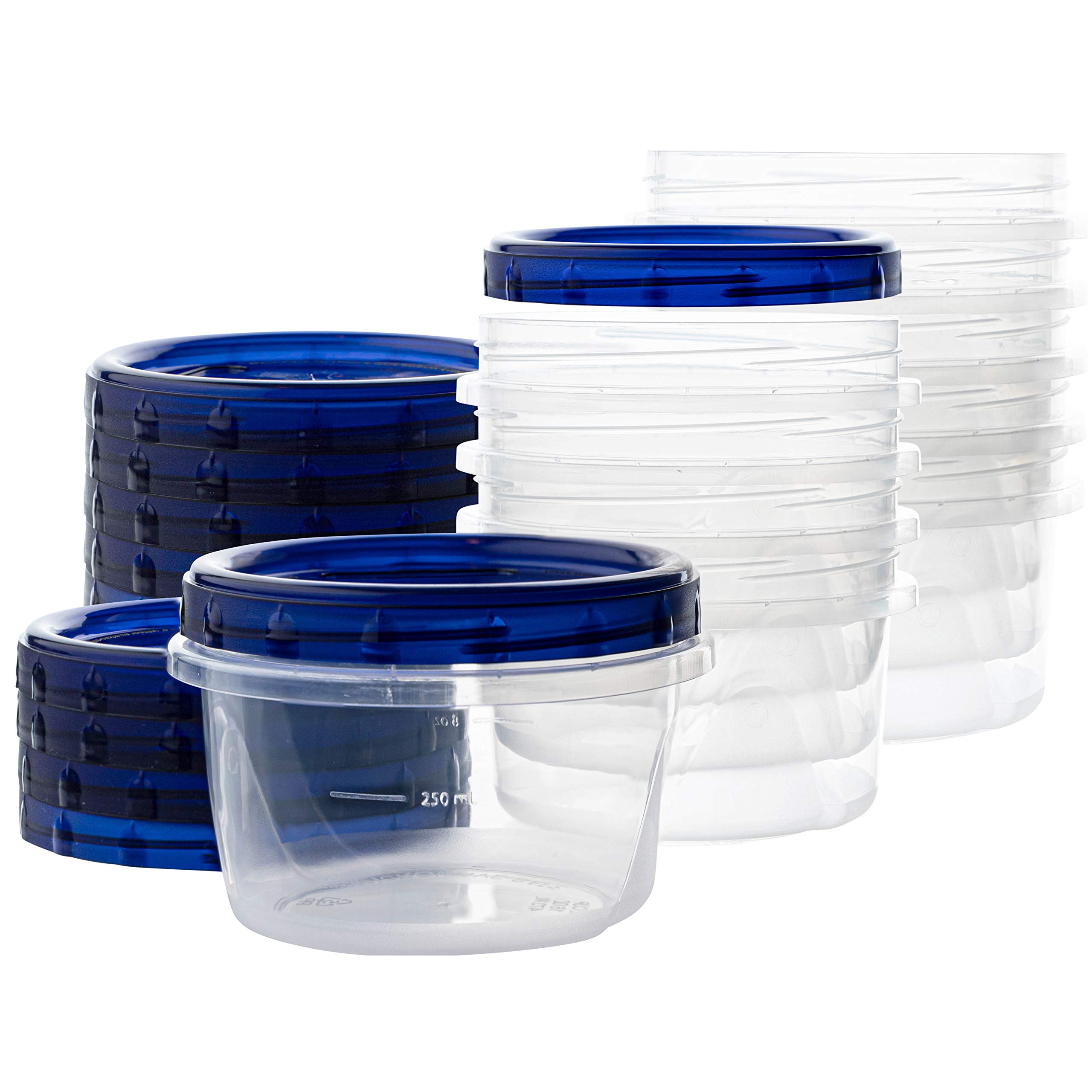 PLASTICPRO [16 oz 5 Pack] Deli Containers Clear bottom With blue Top Twist on Lids Reusable, Stackable, Food Storage Freezer Container