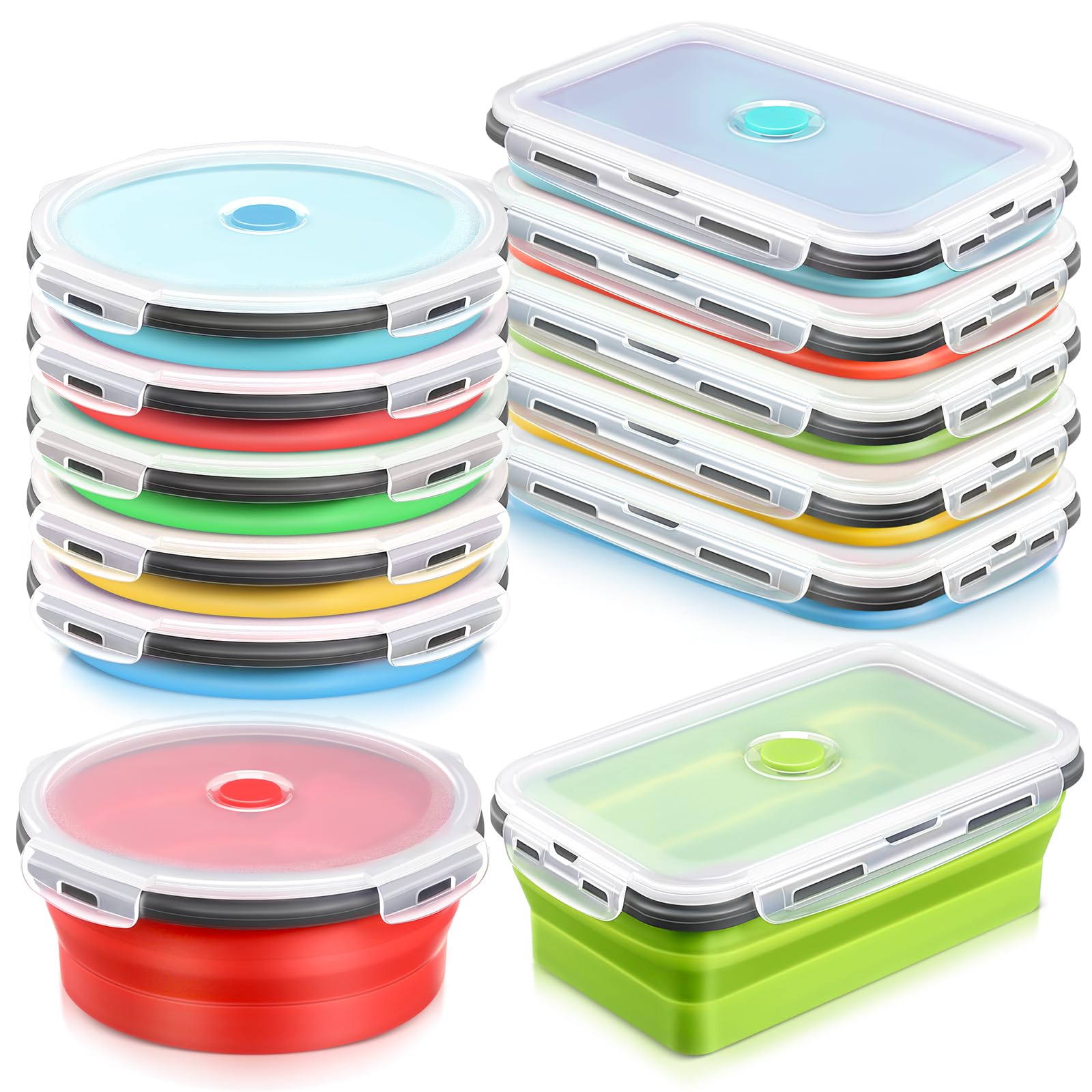 Dandat 10 Pcs 27 oz Large Silicone Collapsible Food Storage Containers with Airtight Lids Stacking Meal Lunch Containers for Kitchen, Travel, Microwave Freezer Dishwasher Safe(Stylish Color, 27 oz)