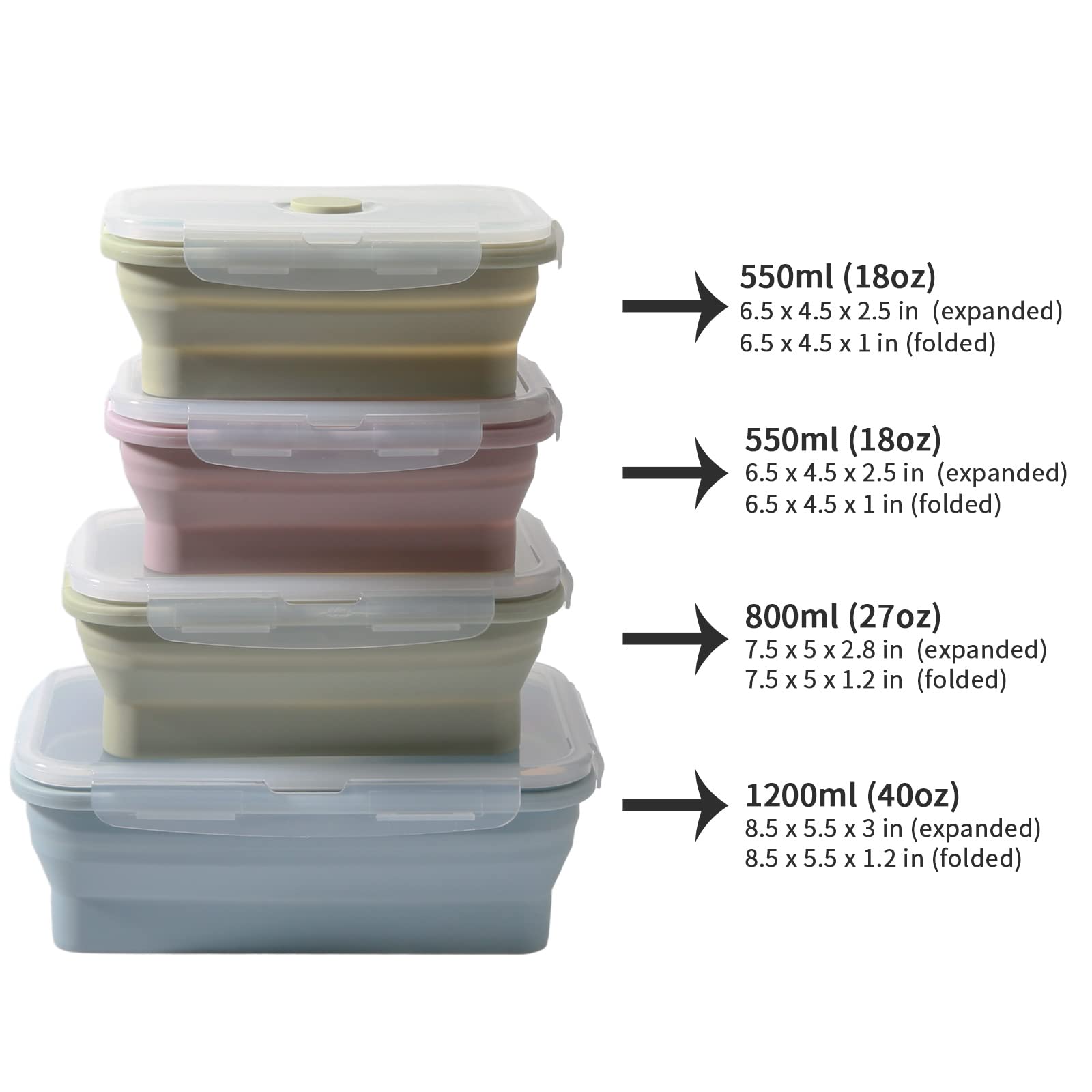 BLYANX Set of 4 Collapsible Silicone Food Storage Containers with Lids, Flat Stacks, Stackable Reusable Lunch Meal Prep Containers, RV Travel Accessories, Microwave Freezer Dishwasher Safe,Multi-Color