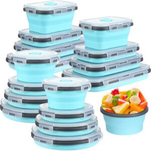 Yaomiao 16 Pack Collapsible Food Storage Containers with Lid Foldable 8 Pcs Rectangle Storage Bowl and 8 Pcs Round Silicone Food Bow for Lunch Rv Accessories Microwave Freezer Safe(Gray, Blue)