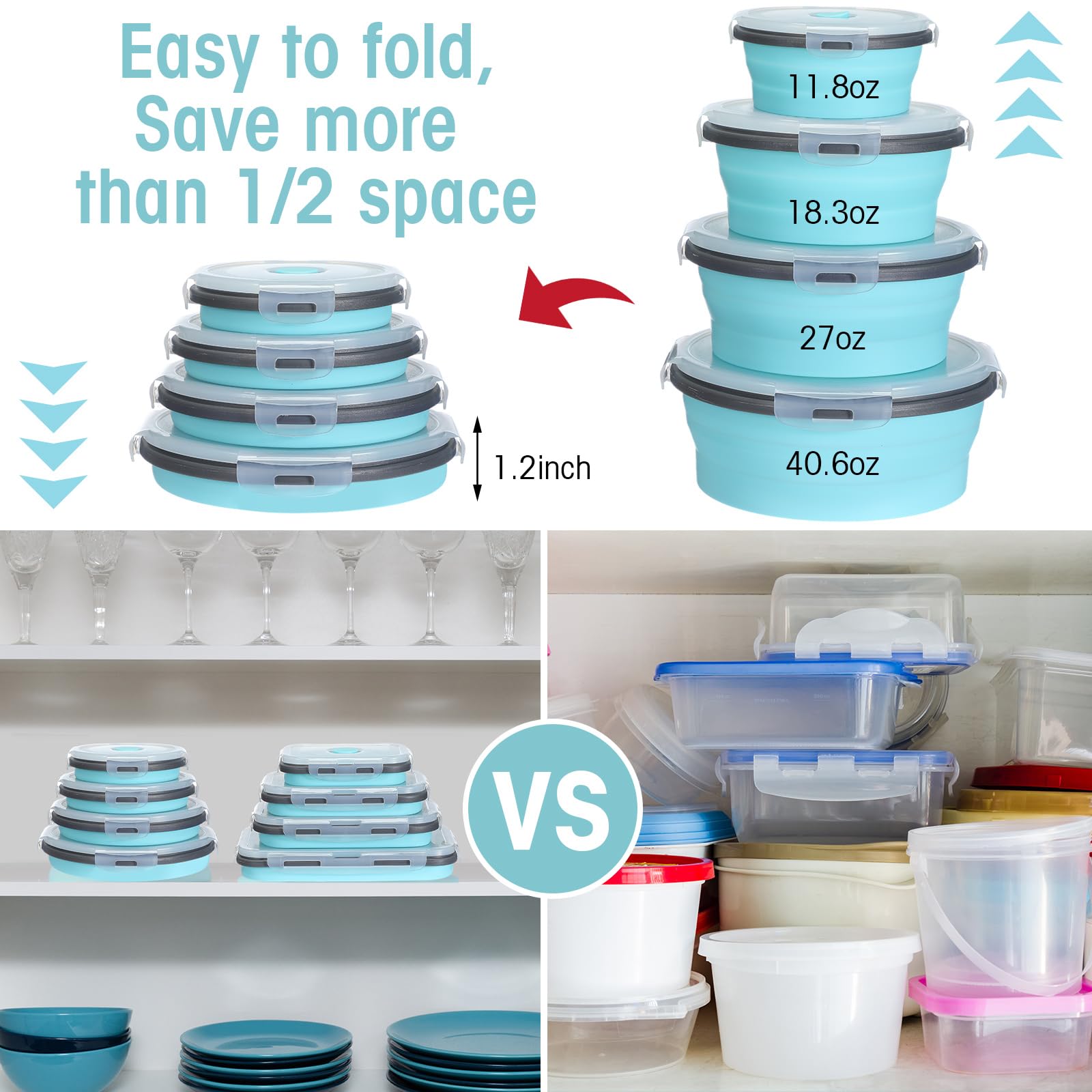 Yaomiao 16 Pack Collapsible Food Storage Containers with Lid Foldable 8 Pcs Rectangle Storage Bowl and 8 Pcs Round Silicone Food Bow for Lunch Rv Accessories Microwave Freezer Safe(Gray, Blue)