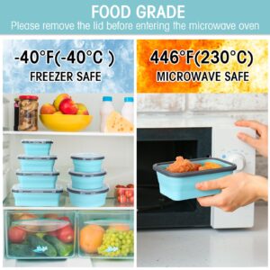 Yaomiao 16 Pack Collapsible Food Storage Containers with Lid Foldable 8 Pcs Rectangle Storage Bowl and 8 Pcs Round Silicone Food Bow for Lunch Rv Accessories Microwave Freezer Safe(Gray, Blue)