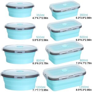 Yaomiao 16 Pack Collapsible Food Storage Containers with Lid Foldable 8 Pcs Rectangle Storage Bowl and 8 Pcs Round Silicone Food Bow for Lunch Rv Accessories Microwave Freezer Safe(Gray, Blue)