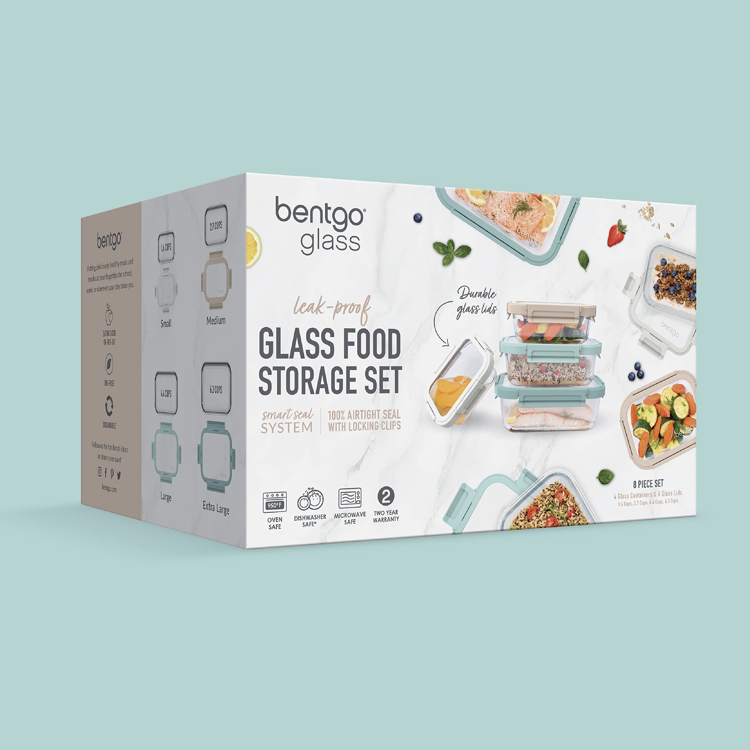 Bentgo®️ Glass Leak-Proof Food Storage Set - 8 Piece Stackable 1-Compartment Meal Prep Containers & Airtight Locking Lids, Reusable, BPA-Free, Microwave, Freezer, Oven, Dishwasher Safe (Coastal Beach)