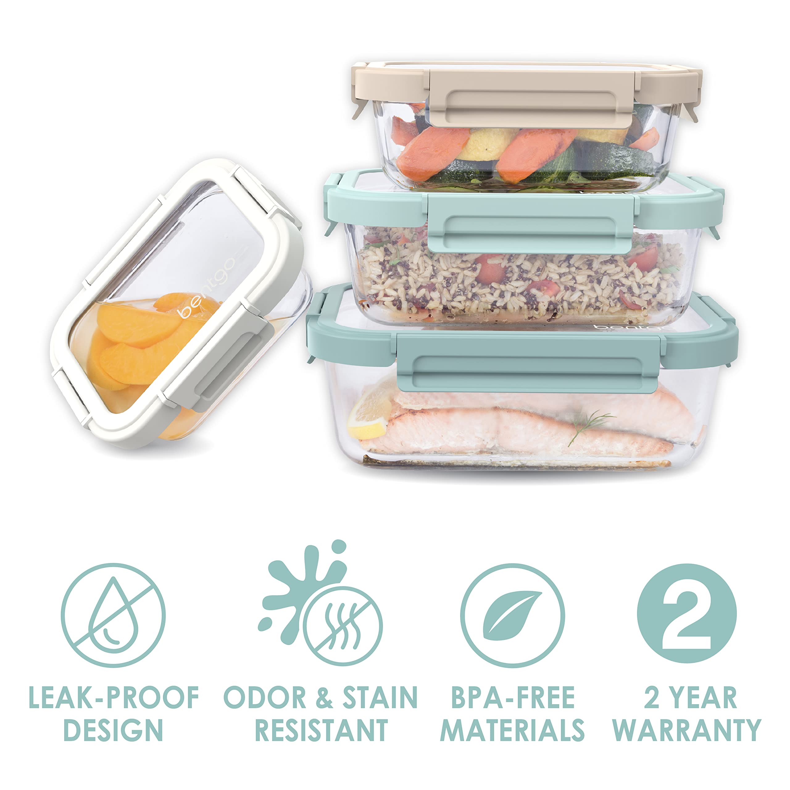 Bentgo®️ Glass Leak-Proof Food Storage Set - 8 Piece Stackable 1-Compartment Meal Prep Containers & Airtight Locking Lids, Reusable, BPA-Free, Microwave, Freezer, Oven, Dishwasher Safe (Coastal Beach)