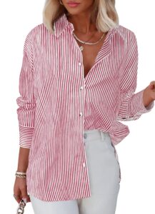 diosun womens striped button down shirts classic long sleeve stylish collared office work blouses tops (medium, red)