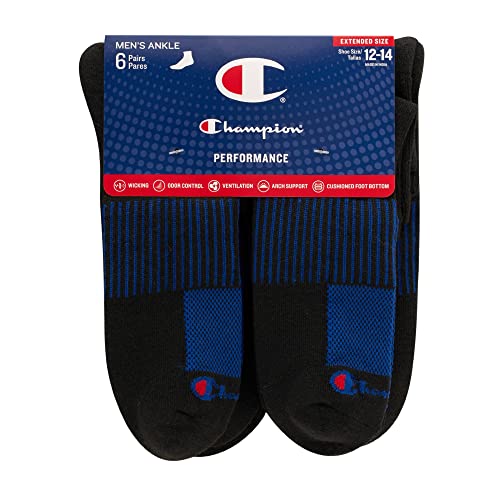 Champion Men's, Performance Ankle Socks, 6-Pack, Black-6 Pack, 6-12