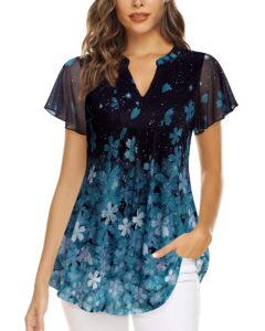 youtalia womens petite tunic tops short sleeve, ladies blouses and tops dressy v neck floral work blouses polyester shirts fancy women tops evening party layered dress shirts blue sakura m