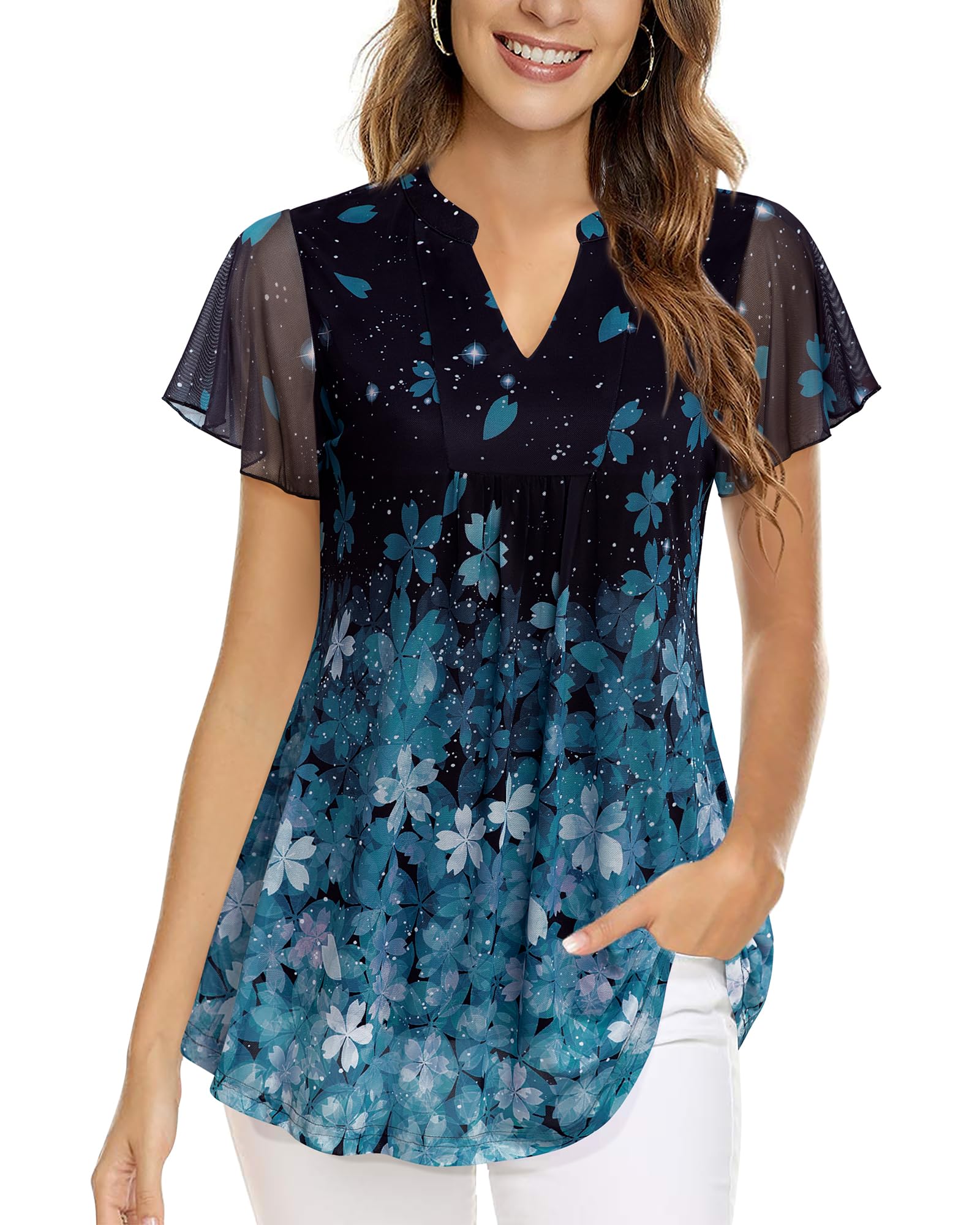 Youtalia Womens Petite Tunic Tops Short Sleeve, Ladies Blouses and Tops Dressy V Neck Floral Work Blouses Polyester Shirts Fancy Women Tops Evening Party Layered Dress Shirts Blue Sakura M