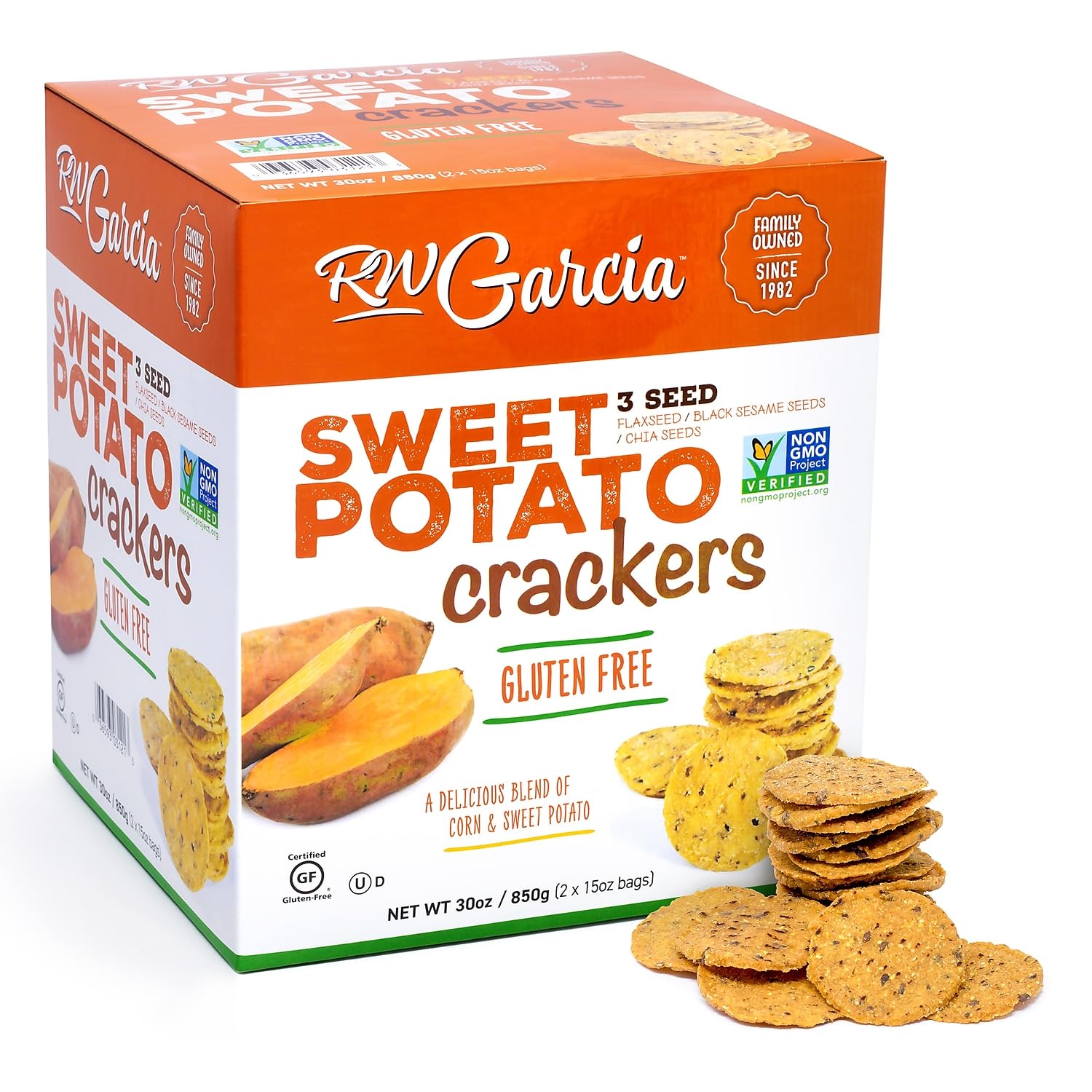 RW Garcia Sweet Potato 3 Seeds Crackers Net Wt 30 Ounce (2 X 15oz Bags), 30 Ounce ,, 1.87 Pound ()