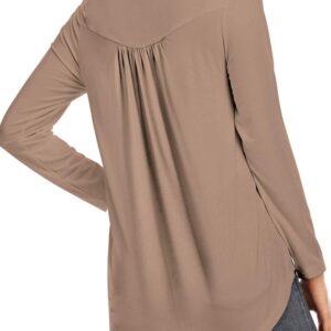 Beauhuty Womens Long Sleeve Tops Casual Henley V-Neck Loose Fit Pleated Tunic Shirt Blouses (Long-Light Coffee,S)