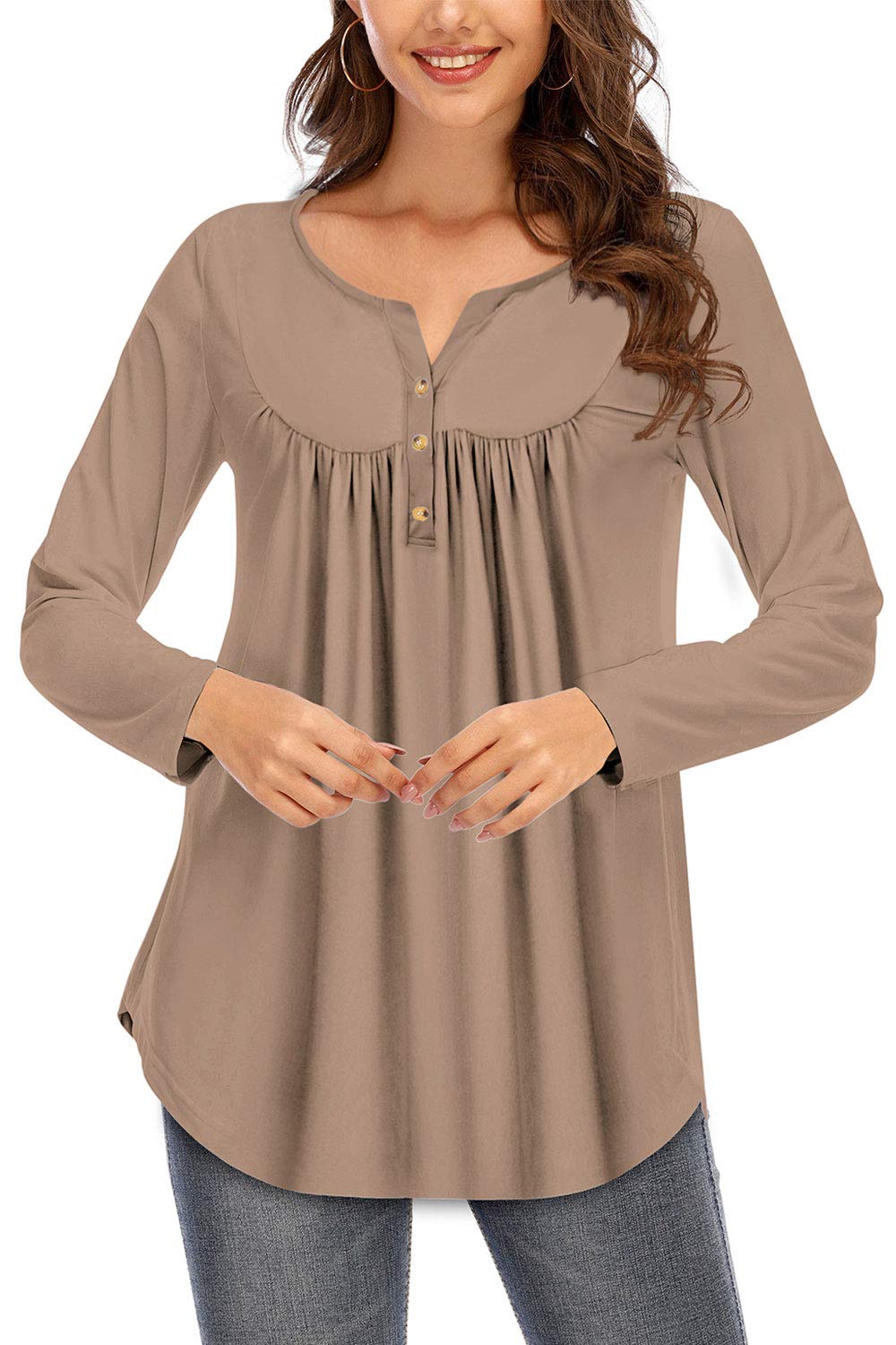 Beauhuty Womens Long Sleeve Tops Casual Henley V-Neck Loose Fit Pleated Tunic Shirt Blouses (Long-Light Coffee,S)