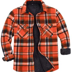 Lisskolo Men's All Sherpa Fleece Lined Plaid Thermal Flannel Shirt Jacket with Pockets Orange L