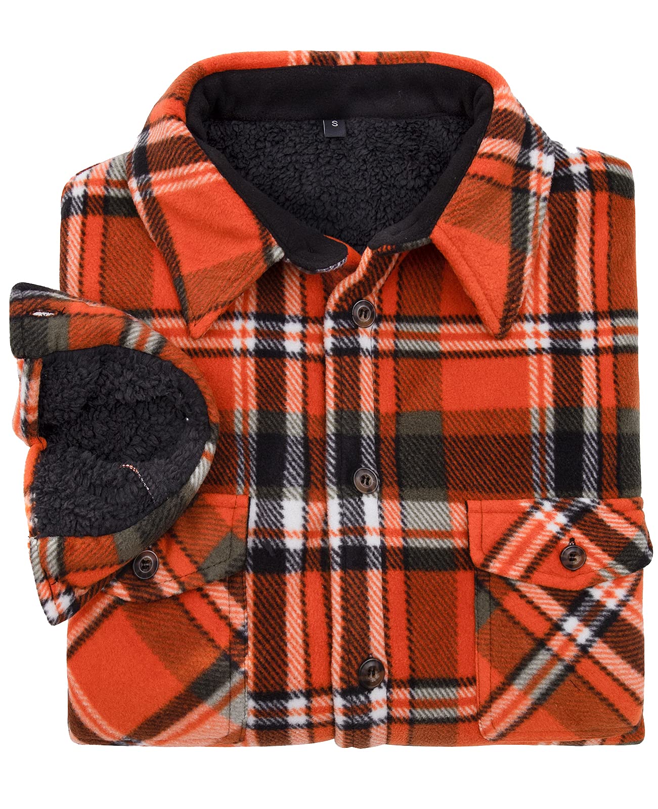 Lisskolo Men's All Sherpa Fleece Lined Plaid Thermal Flannel Shirt Jacket with Pockets Orange L