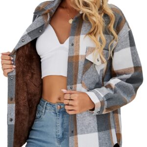 APAFES Women’s Warm Plaid Shirt Soft Sherpa Lined Shacket Casual Snap Fastener Truck Jacket with Pockets(643-GreyKhaki-M)