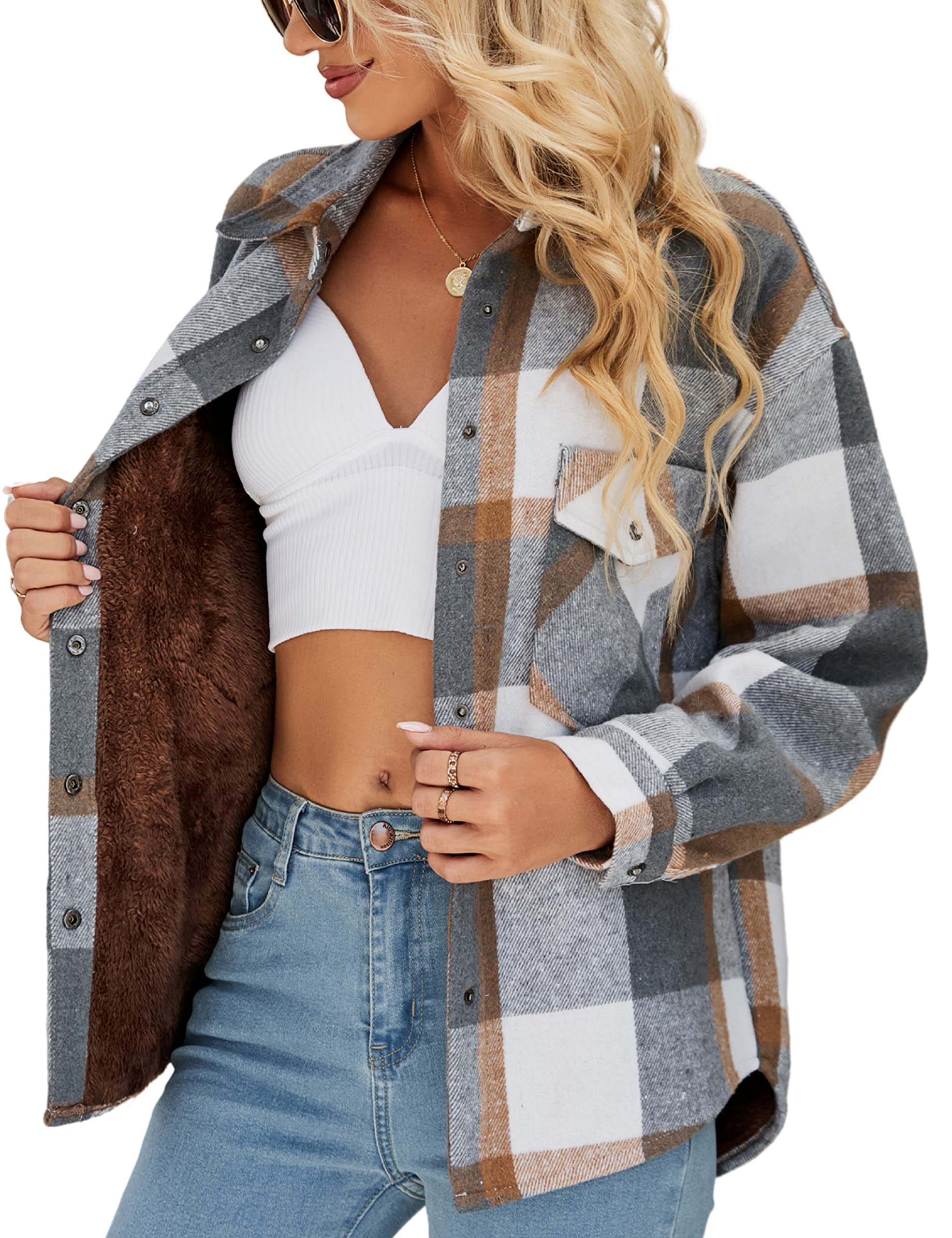 APAFES Women’s Warm Plaid Shirt Soft Sherpa Lined Shacket Casual Snap Fastener Truck Jacket with Pockets(643-GreyKhaki-M)