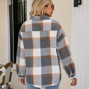 APAFES Women’s Warm Plaid Shirt Soft Sherpa Lined Shacket Casual Snap Fastener Truck Jacket with Pockets(643-GreyKhaki-M)