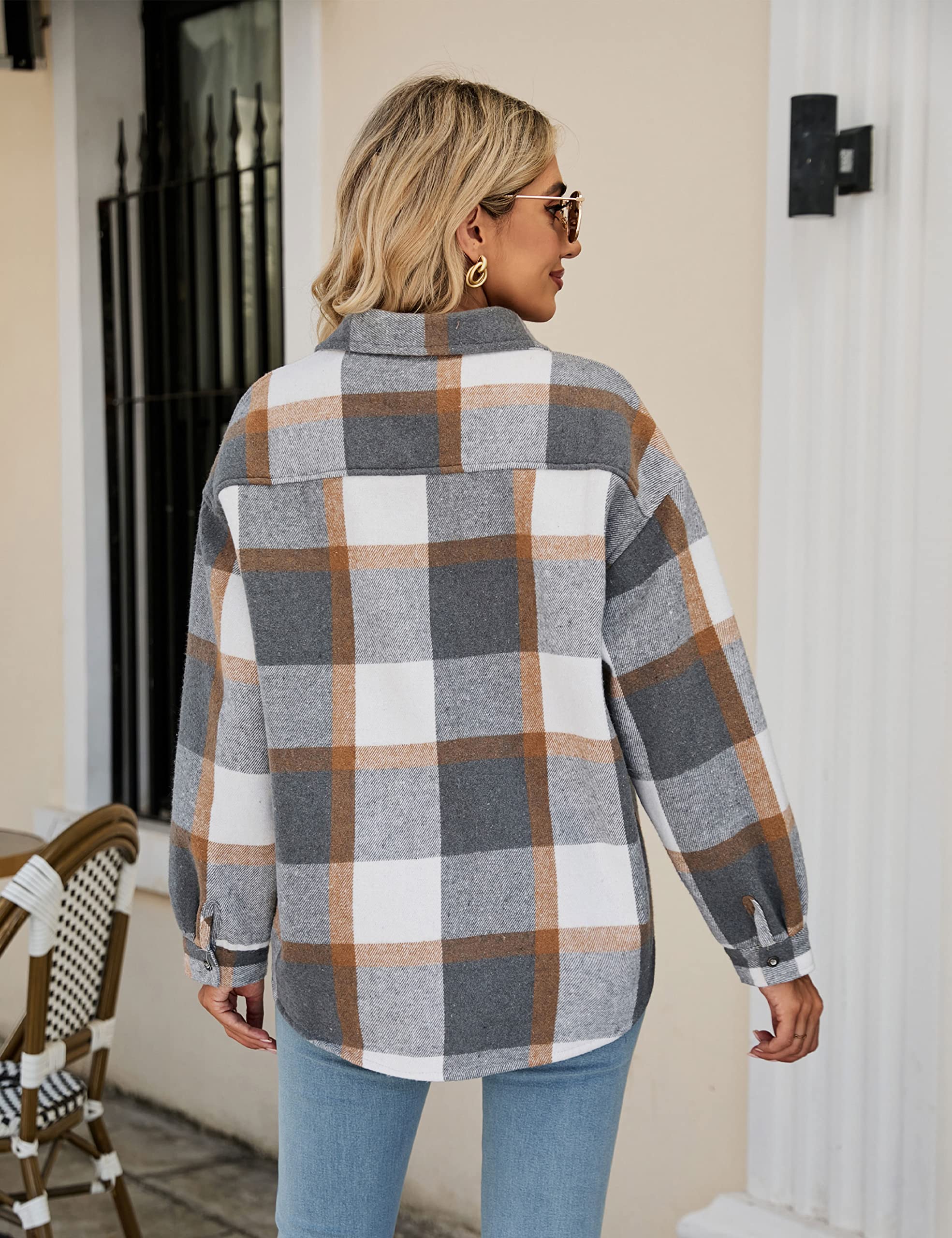 APAFES Women’s Warm Plaid Shirt Soft Sherpa Lined Shacket Casual Snap Fastener Truck Jacket with Pockets(643-GreyKhaki-M)