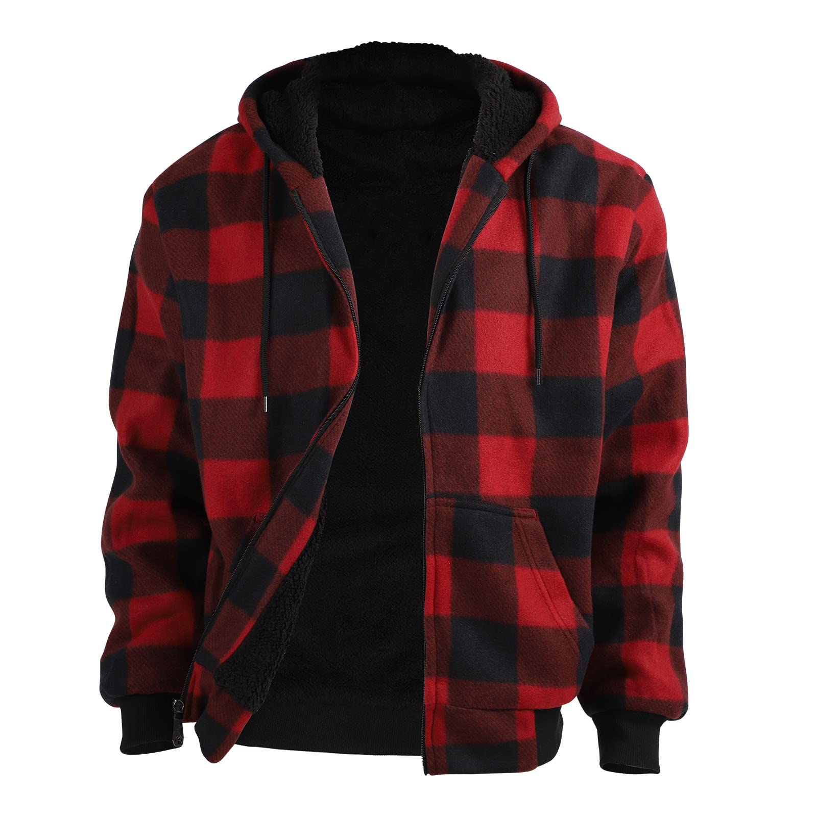 Facitisu Men's Plaid Fleece Jackets Warm Winter Workout Casual Flannel Lined Full Zip Hoodie Plus Size S-5XL